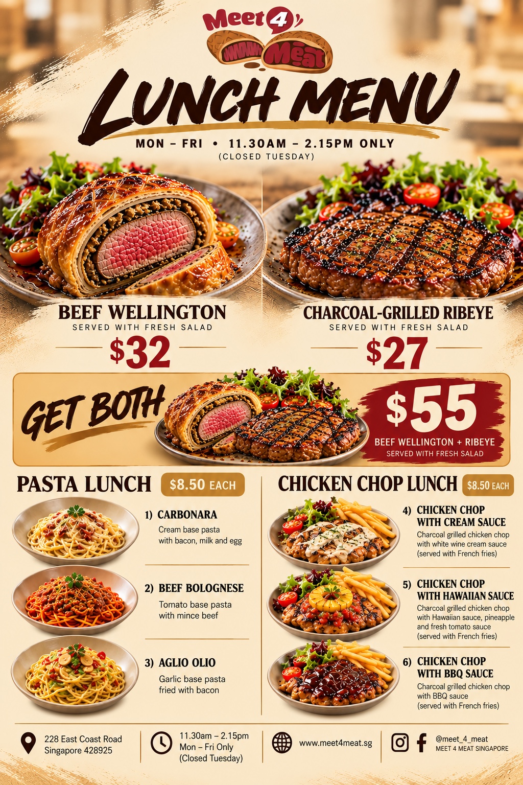 MEET 4 MEAT Lunch Menu — Monday to Friday, 11:30 AM to 2:15 PM, closed Tuesday