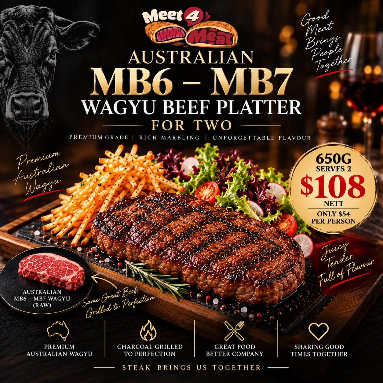 650g Australian MB6–MB7 Wagyu Beef Platter for Two — $108 nett